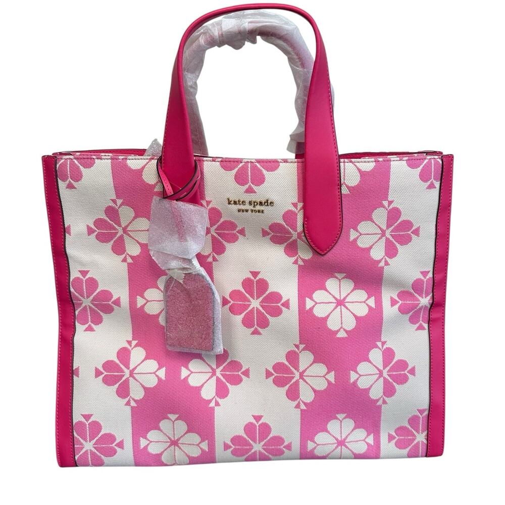 Kate Spade Pom Pom Pink Jacquard Flower Manhattan Large Tote Shoulder Strap NWT